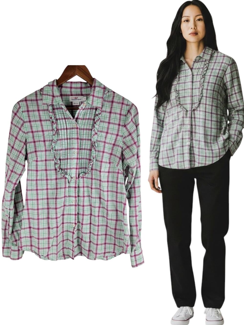 Vineyard Vines Ruffle Button Up Long Sleeve Top Light Green size 4